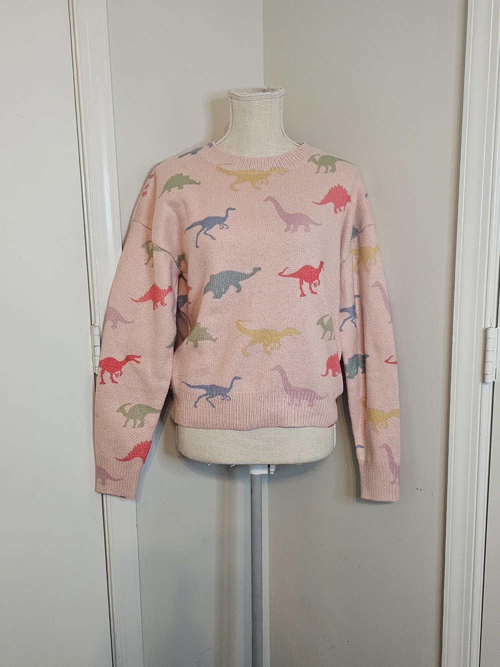 Pink Dinosaur Pattern Crewneck Sweater - Women